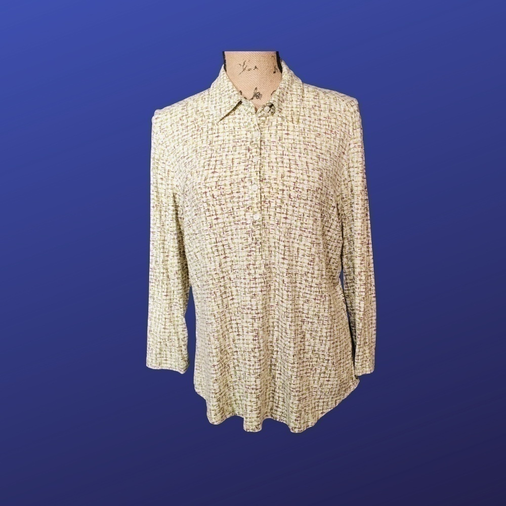 ANN TAYLOR Pre-owned Jersey Knit Top, 3/4 Sleeves, Cream/Brown/Green, Size XL